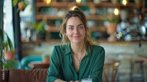 28-year-old woman in a green blouse  iced coffee on the table  seated in a contemporary cafe with a vibrant atmosphere