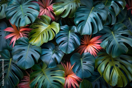 A close-up view of large  tropical leaves  with a vibrant red flower accent in the center. The leaves are deep green and have a glossy finish  creating a lush and vibrant image. 