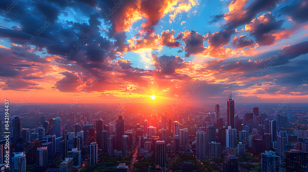 Urban Oasis: Modern Skyscrapers Against a Vibrant Sunset Sky Urban Oasis: Modern Skyscrapers Against a Vibrant Sunset Sky