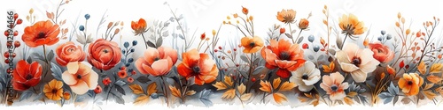 Autumn colored flowers and leaves on a white background. 