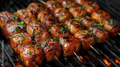 Perfectly grilled skewers of succulent  marinated chicken pieces cooked to golden-brown perfection on a barbecue with a garnish of fresh herbs and spices