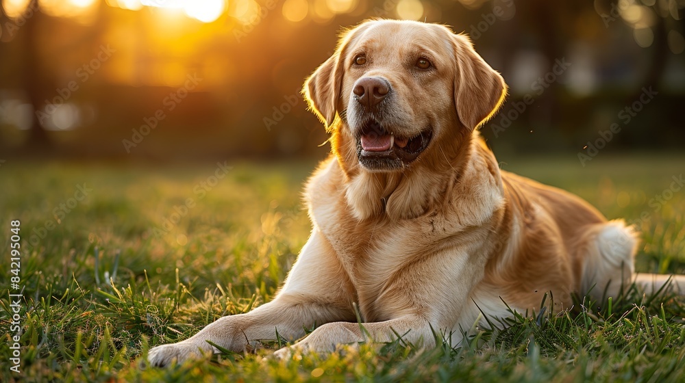 Golden retriever dog lying on a grassy field during a beautiful sunset, showcasing its friendly expression and the lush outdoor environment Golden retriever dog lying on a grassy field during a beautiful sunset, showcasing its friendly expression and the lush outdoor environment