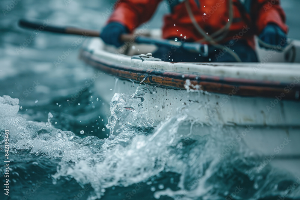 Fototapeta premium Close-Up of Rowboat in Motion with Splashing Water and Rowing Action