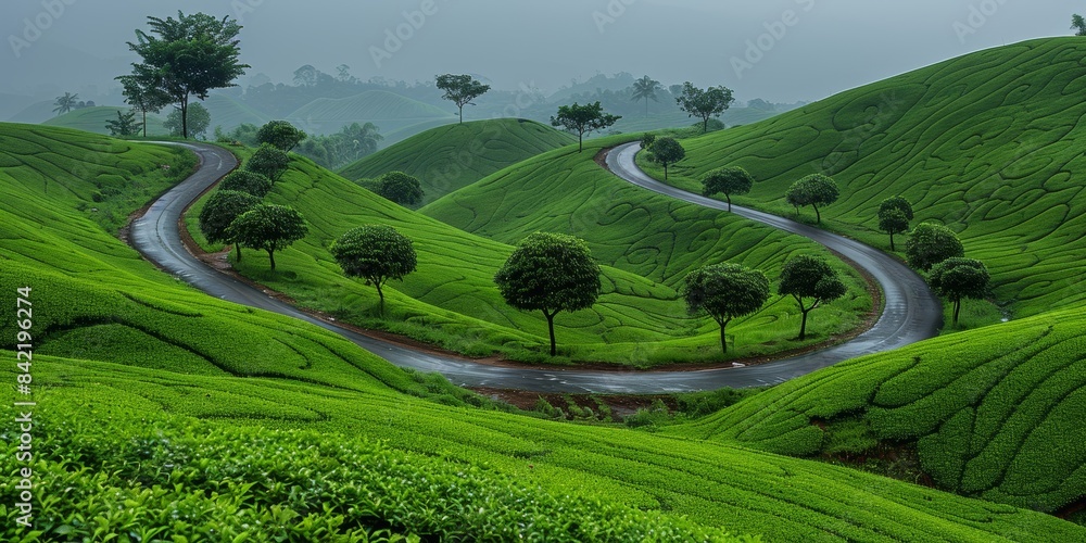 Fototapeta premium A scenic winding road through lush green rolling hills surrounded by vibrant, healthy trees under an overcast sky on a misty morning