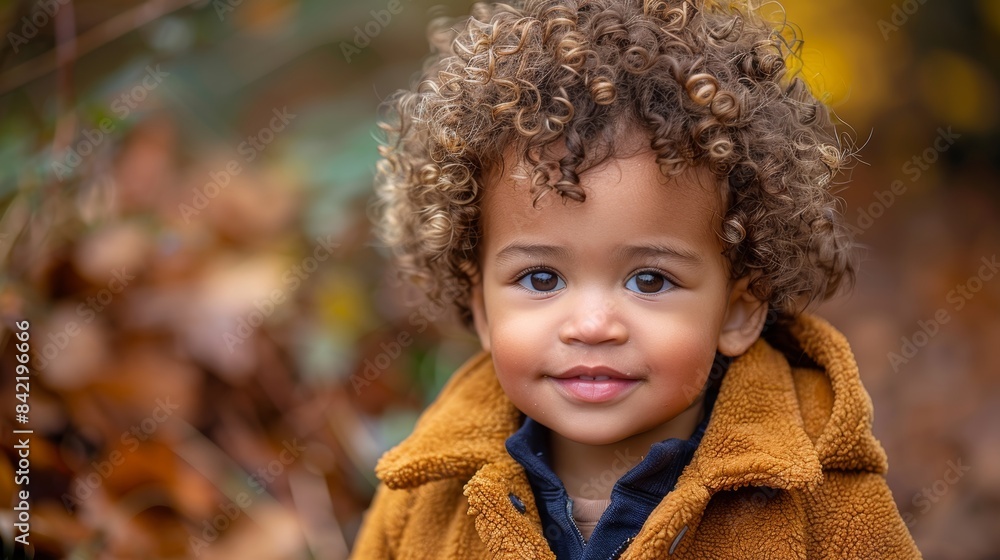 A close-up portrait of an adorable toddler with curly hair wearing a brown jacket, enjoying a stroll outdoors in a beautiful autumn setting A close-up portrait of an adorable toddler with curly hair wearing a brown jacket, enjoying a stroll outdoors in a beautiful autumn setting