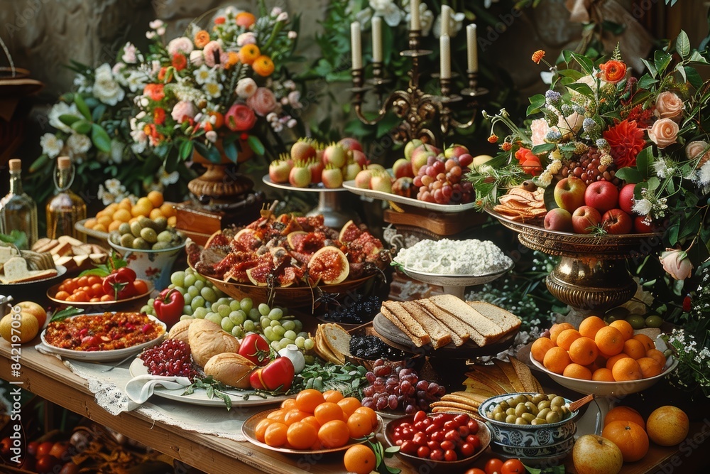 A beautifully arranged table spread featuring an abundance of fresh fruits, vegetables, bread, and flowers, showcasing a vibrant and inviting feast setting A beautifully arranged table spread featuring an abundance of fresh fruits, vegetables, bread, and flowers, showcasing a vibrant and inviting feast setting