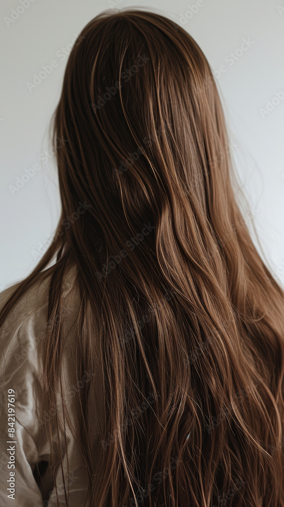 Fototapeta premium Back view of a woman with long brown hair indoors, minimalist style. Haircare and beauty concept