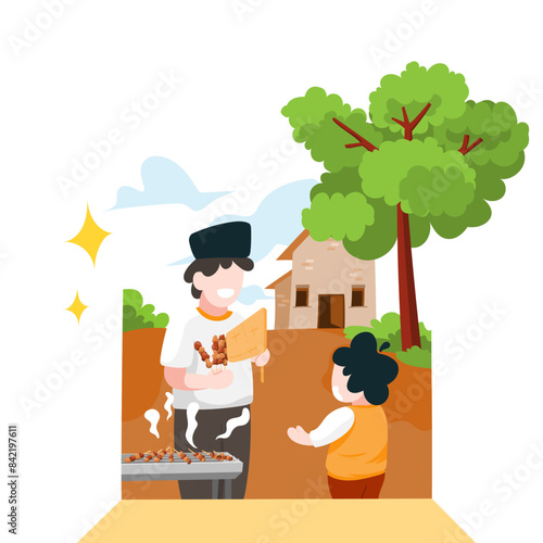 Muslim doing barbeque parties to celebrate eid al Adha vector illustration.