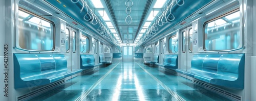 Empty interior of subway car, cross section, 3D rendering, realistic details photo