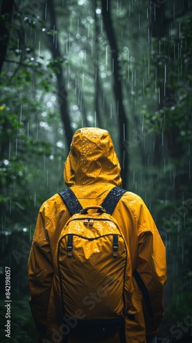 Wallpaper Mural A lone hiker wearing a bright yellow raincoat stands quietly in a lush, rainy forest, surrounded by the serene ambiance of nature's rainfall Torontodigital.ca