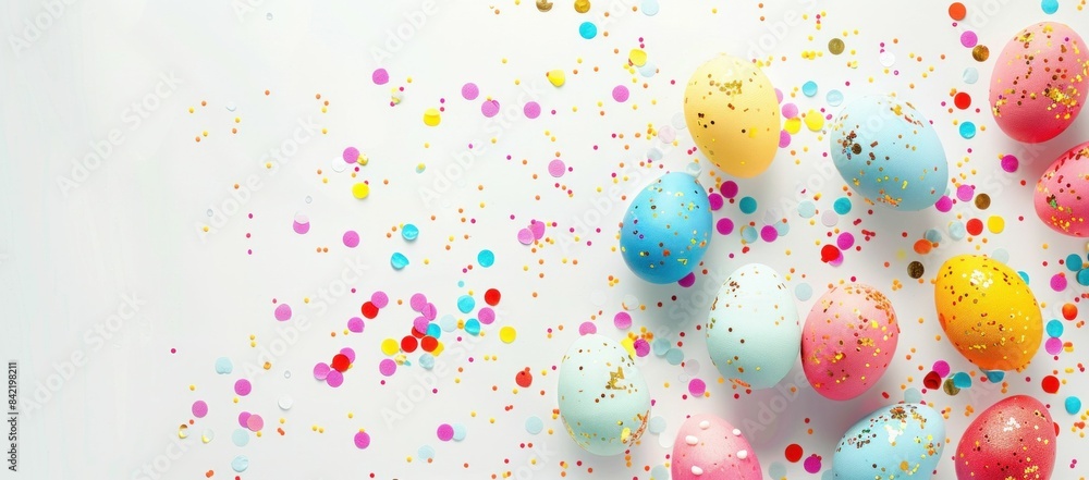 Colorful easter eggs on white background with confetti and celebration for spring holiday concept Colorful easter eggs on white background with confetti and celebration for spring holiday concept