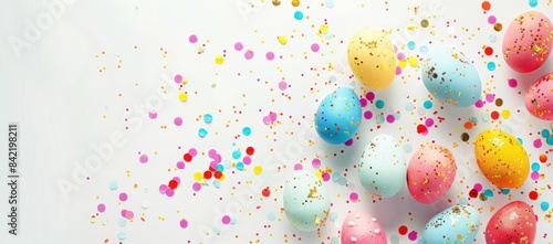 Colorful easter eggs on white background with confetti and celebration for spring holiday concept