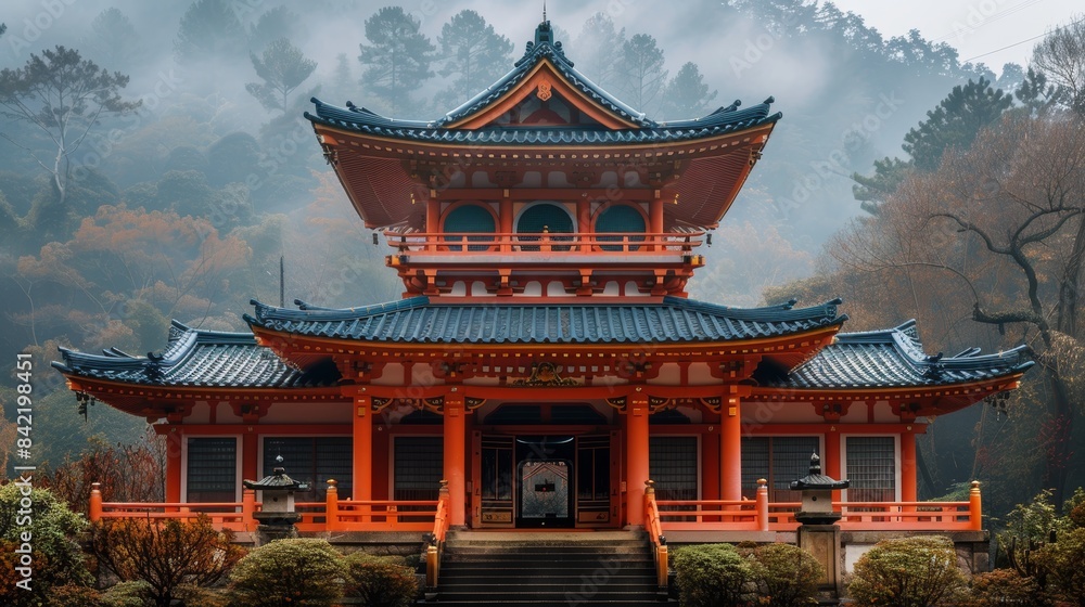 A mesmerizing traditional Japanese temple with vibrant red and blue colors, nestled in a misty forest landscape surrounded by trees and hills A mesmerizing traditional Japanese temple with vibrant red and blue colors, nestled in a misty forest landscape surrounded by trees and hills