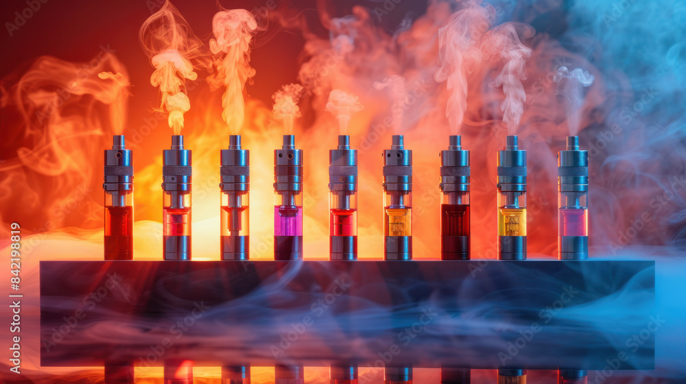 Colorful Vaping Devices with Smoky Background and Vibrant Lighting Colorful Vaping Devices with Smoky Background and Vibrant Lighting