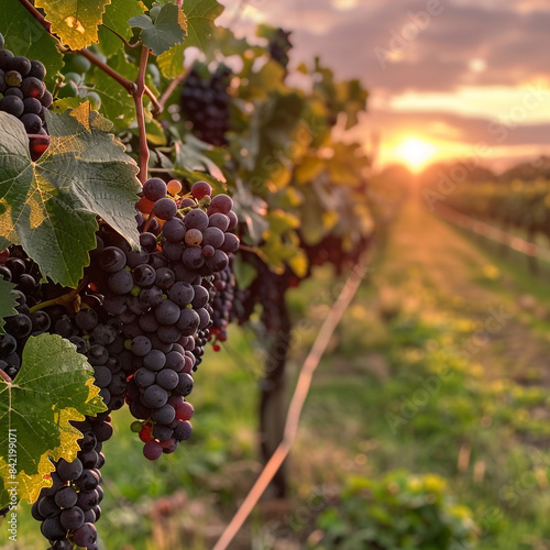 A gorgeous, inviting close-up of a rich, lush field of red wine grapes bursting off the vine, ready for harvest