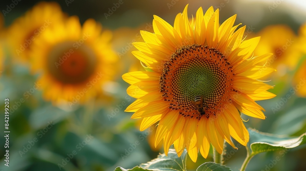 A bee pollinating a sunflower on a sunny summer day. A bee pollinating a sunflower on a sunny summer day.