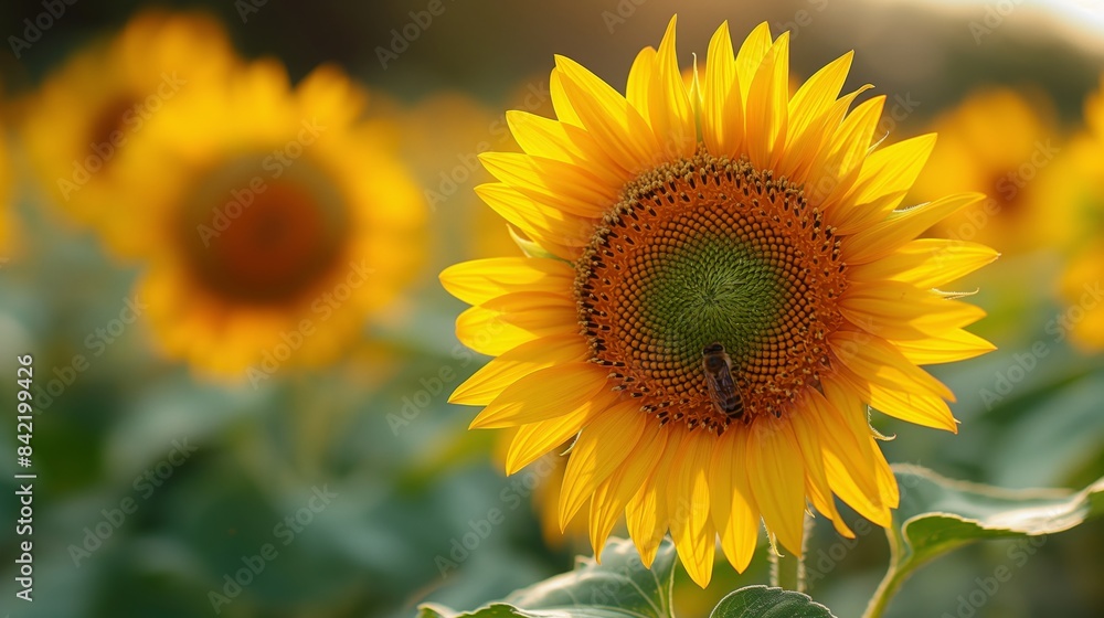 A bee pollinating a sunflower on a sunny summer day. A bee pollinating a sunflower on a sunny summer day.