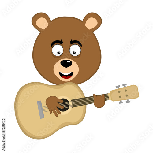 vector illustration face brown bear grizzly cartoon playing musical instrument guitar
