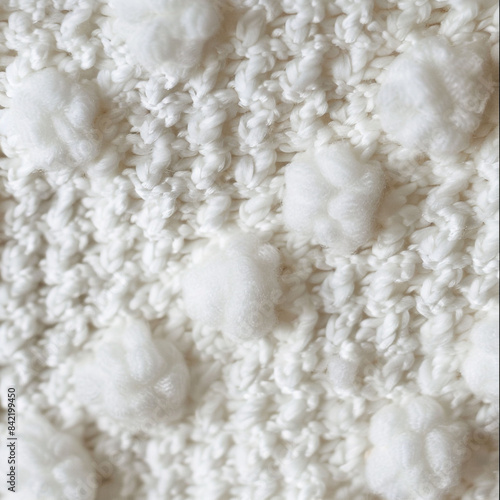 Close up of white wool knit crochet pattern with delicate and elegant soft cloud poufs lined up on a diagonal row 