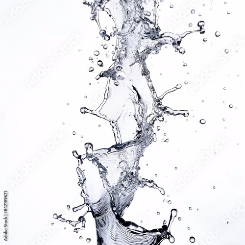 A stream of water that is dancing and interrupted with vibrations in the air, its droplets and stream are splashing and exploding outwards, and rain-like dew droplets are sprinkled everywhere