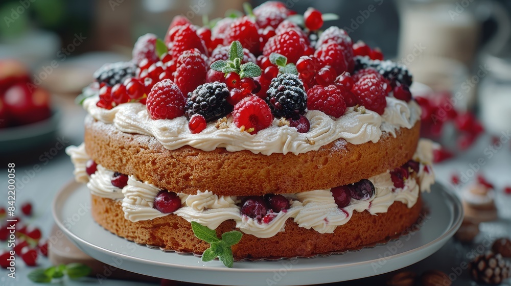A beautifully decorated double-layer sponge cake adorned with a variety of fresh berries and whipped cream, perfect for a delightful celebration or special occasion A beautifully decorated double-layer sponge cake adorned with a variety of fresh berries and whipped cream, perfect for a delightful celebration or special occasion