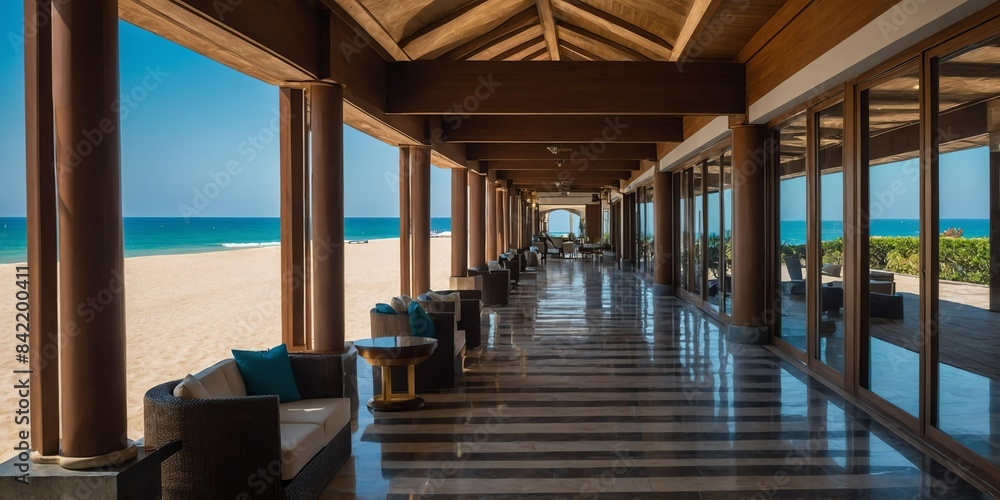 italian luxury beach resort and hotel hallway wide angle panoramic symmetric banner background
