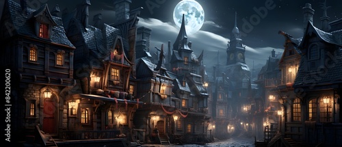 Illustration of the winter village at night with a full moon.