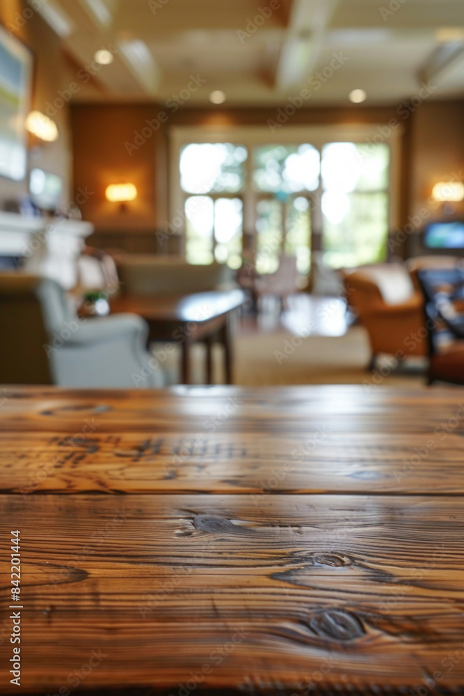 A wooden table in the foreground with a blurred background of a golf clubhouse. The background features comfortable seating, golf memorabilia on the walls, windows with views of the golf course A wooden table in the foreground with a blurred background of a golf clubhouse. The background features comfortable seating, golf memorabilia on the walls, windows with views of the golf course