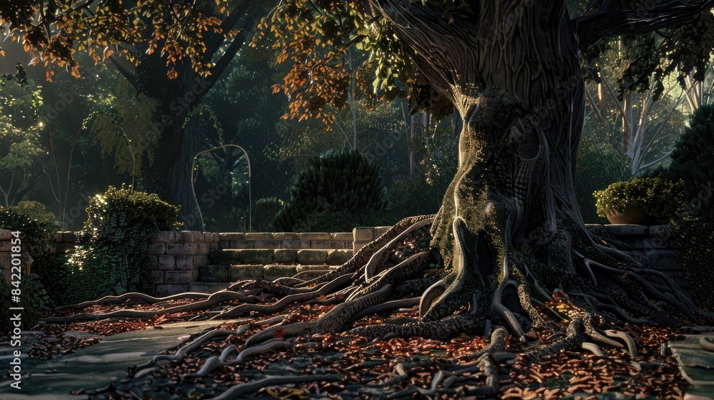 Fototapeta premium The tree s foundation and the roots that surface in the garden
