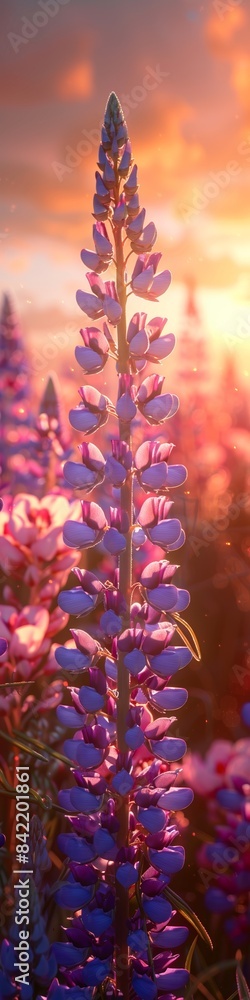 Fototapeta premium Beautiful purple lupine flowers on a hillside with the sun shining through them. 