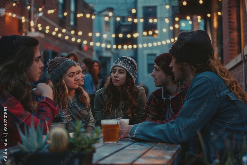 Group of friends having fun and drinking beer at a bar outdoors.