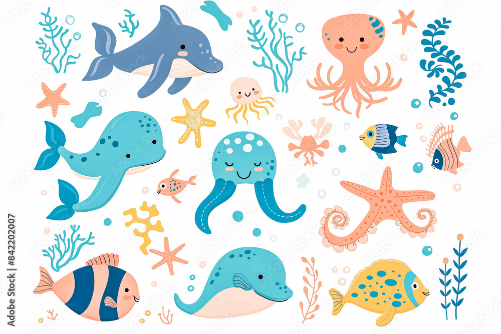 Set of cute marine animals in flat cartoon style. Sea life, ocean design elements for printing, poster, card. Vector illustration Set of cute marine animals in flat cartoon style. Sea life, ocean design elements for printing, poster, card. Vector illustration