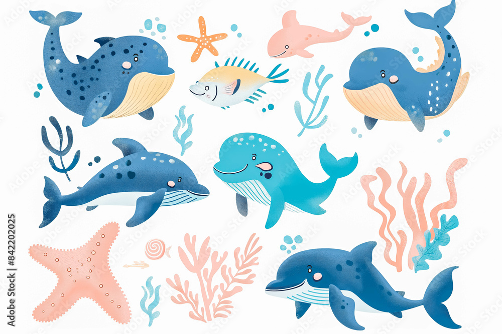 Set of cute marine animals in flat cartoon style. Sea life, ocean design elements for printing, poster, card. Vector illustration Set of cute marine animals in flat cartoon style. Sea life, ocean design elements for printing, poster, card. Vector illustration