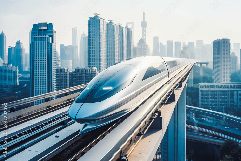 Fotografie Sleek high-speed hover train gliding past urban landscape