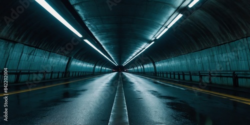 underground highway tunnel teal lighting wide angle panoramic symmetric banner background