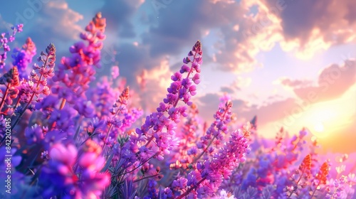 Beautiful purple lupine flowers on a hillside with the sun shining through them. 