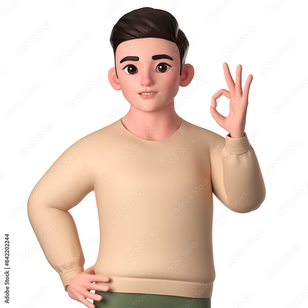 Portrait of half body man character showing the OK gesture with left hand, 3D Character Illustration Portrait of half body man character showing the OK gesture with left hand, 3D Character Illustration