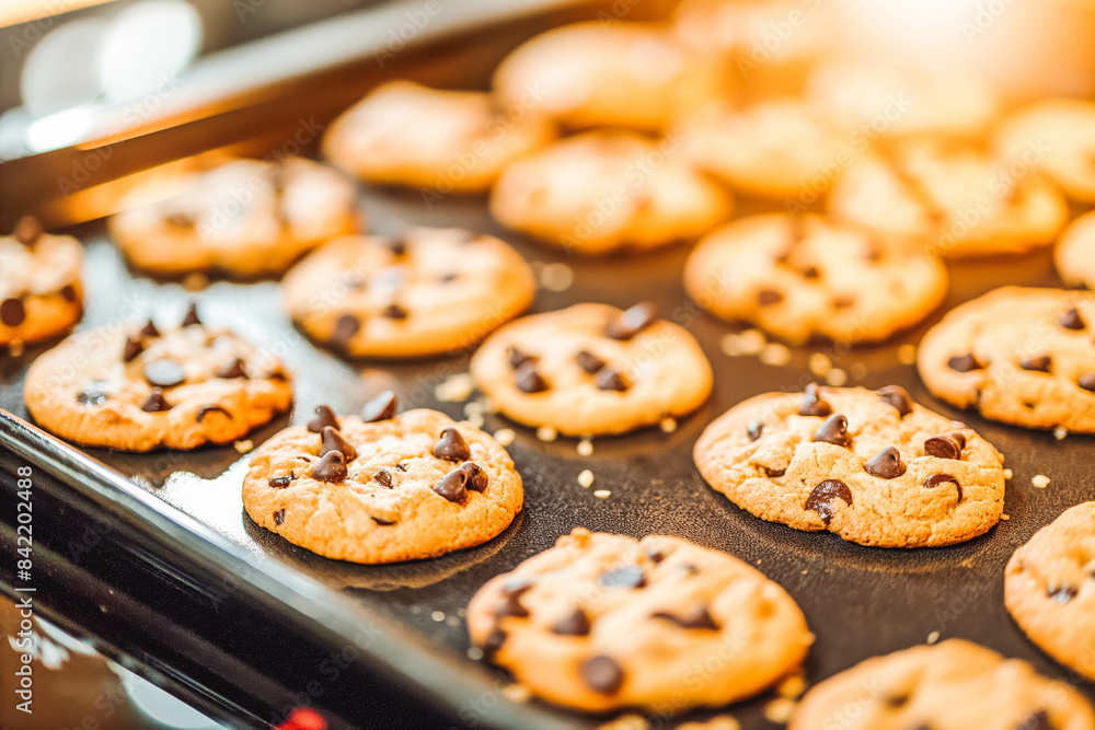 Tasty cookies with chocolate chips on baking tray fresh out of the oven Tasty cookies with chocolate chips on baking tray fresh out of the oven