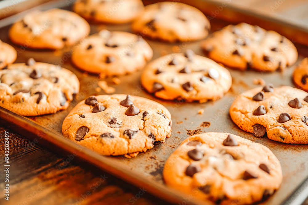 Tasty cookies with chocolate chips on baking tray fresh out of the oven Tasty cookies with chocolate chips on baking tray fresh out of the oven