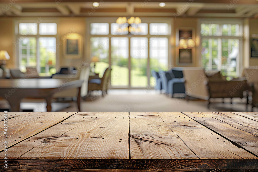 A wooden table in the foreground with a blurred background of a golf clubhouse. The background features comfortable seating, golf memorabilia on the walls, windows with views of the golf course A wooden table in the foreground with a blurred background of a golf clubhouse. The background features comfortable seating, golf memorabilia on the walls, windows with views of the golf course
