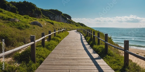 walkway to beach in summer wide angle panoramic symmetric banner background