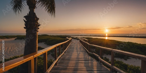 walkway to beach in sunset wide angle panoramic symmetric banner background © sevenSkies