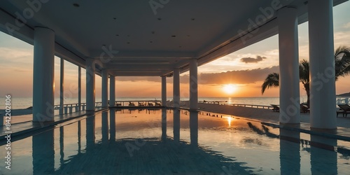 white luxury beach resort and hotel hallway sunset wid wide angle panoramic symmetric banner background photo
