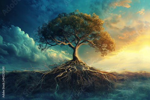 An isolated strong tree with many branches and deep roots photo