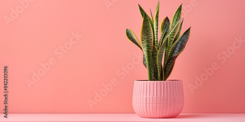 Modern pink potted snake plants isolated on pink wall and floor background with copy space, Summer indoor plants and urban forest concept. photo