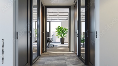 Modern office hallway with glass doors and natural light, featuring greenery for a bright and professional workspace, ideal for business, real estate, and office design content