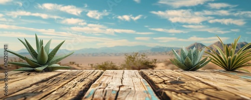 Empty old rustic wooden boards table on desert landscape backgrounds with large copy space with aloe plants, for hot season summer product display.