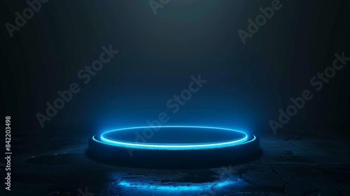 Empty blue podium floating in the air with blue neon ring on background.Magic fantasy portal. Magic circle teleport podium with hologram effect. Abstract high tech futuristic technology design.