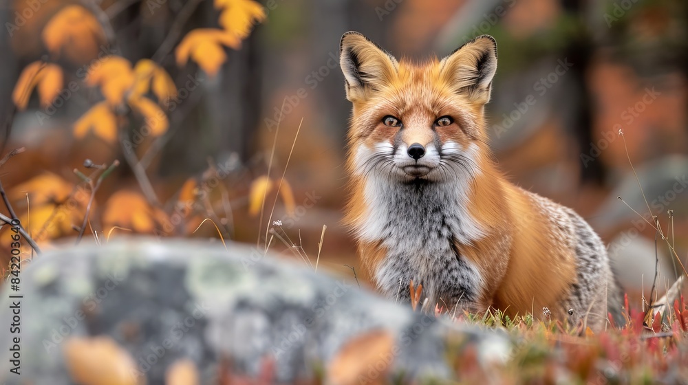 Fototapeta premium Majestic Red Fox in Autumn Forest: Vivid Fall Colors and Wildlife Photography Capturing Nature's Beauty in Serene Woodland Setting