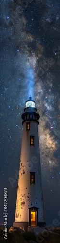 A beautiful lighthouse at night with the milky way visible in the night sky. 